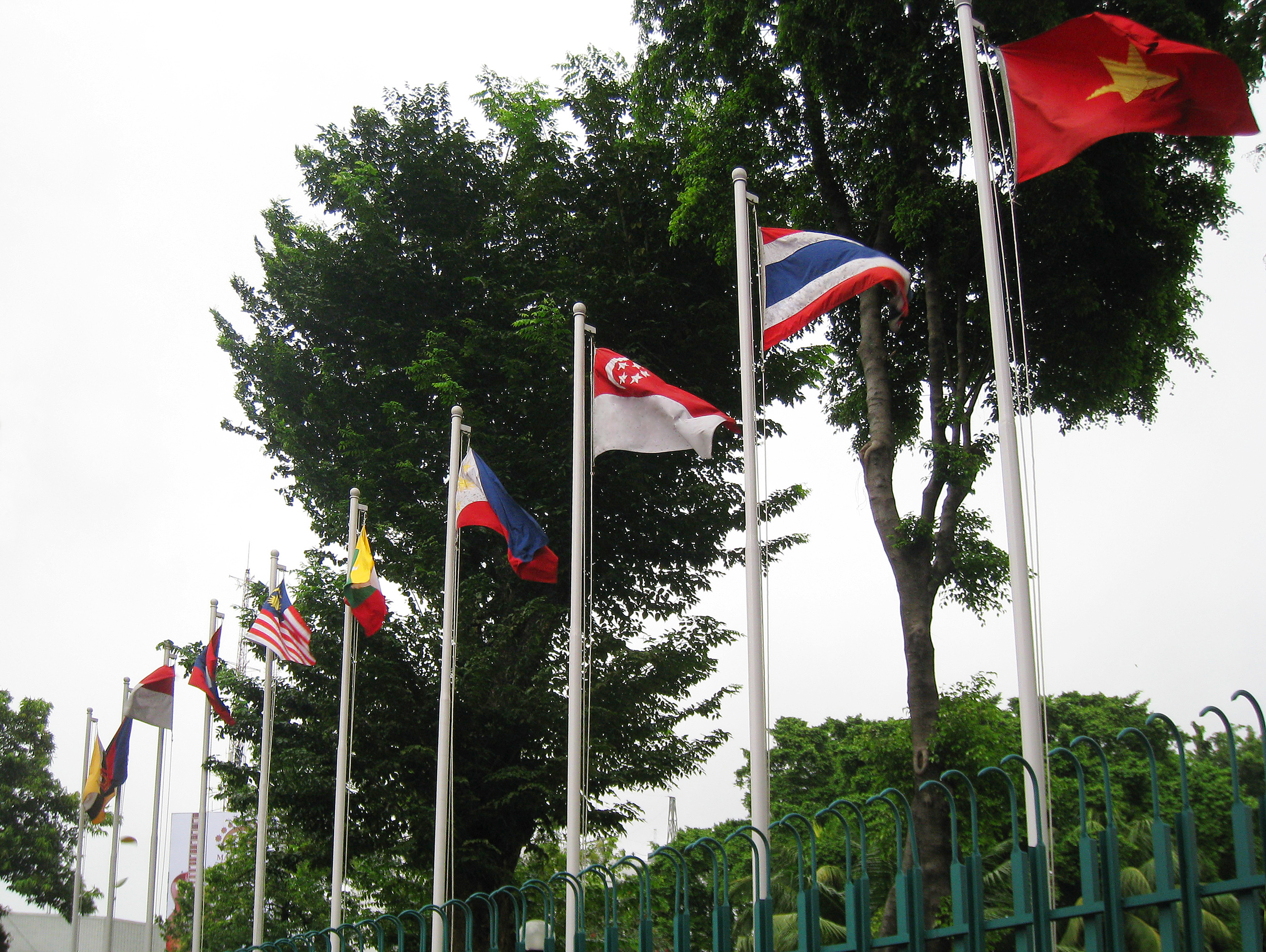 <a href="/content/ASEAN" style="color:blue">ASEAN</a> members'<a href="/content/National_flag" style="color:blue">national flags</a> in <a href="/content/Jakarta" style="color:blue">Jakarta</a>