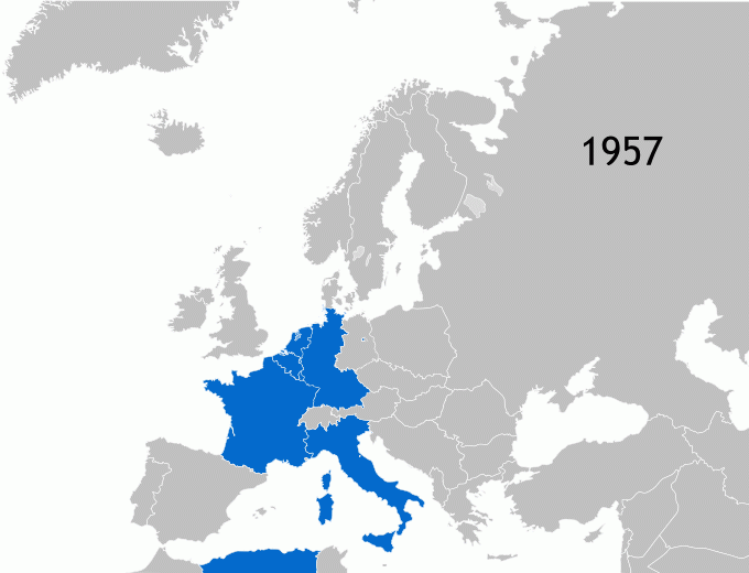 The continental territories of the member states of the European Union (European Communities pre-1993), coloured in order of accession.