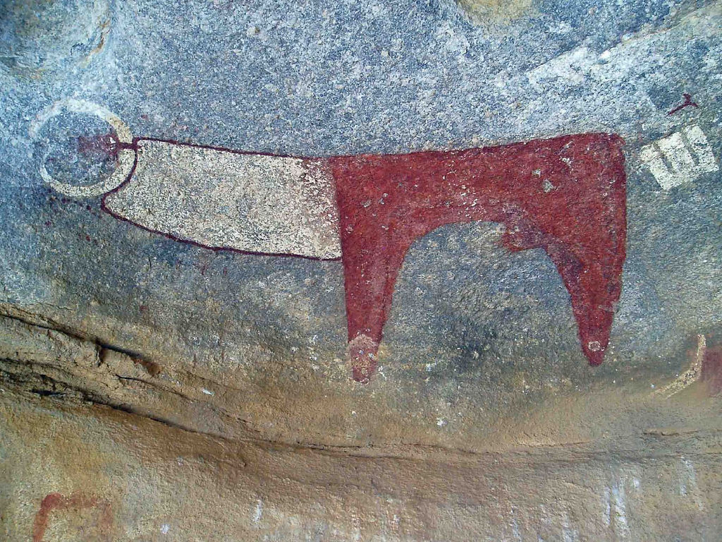 Neolithic rock art at the <a href="/content/Laas_Geel" style="color:blue">Laas Geel</a> complex depicting a long-horned cow.